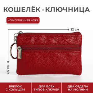Ключница - кошелек на молнии, длина 12 см, кольцо, цвет красный