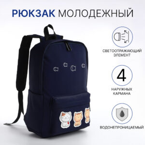Рюкзак школьный на молнии, с карманами, синий