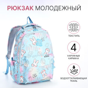 Рюкзак школьный из текстиля 2 отдела на молнии, 4 кармана, голубой
