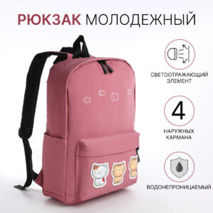 Рюкзак школьный на молнии, с карманами, розовый