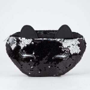 Сумка детская для девочки поясная black cat, с пайетками, на молнии, черная