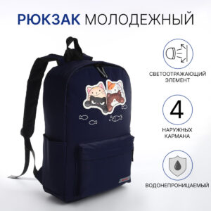 Рюкзак школьный на молнии, с карманами, синий