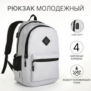 Рюкзак школьный на молнии, с usb, с карманом, светло-серый